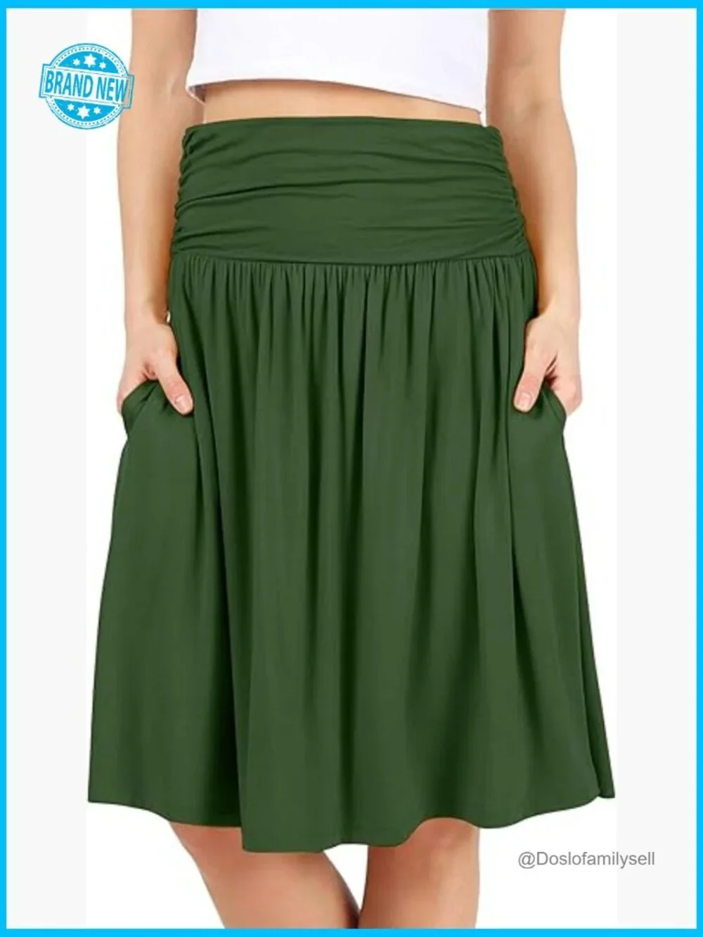 A-Line Midi Skirt with Pockets Stretch Jersey Pull On Ruched Waist